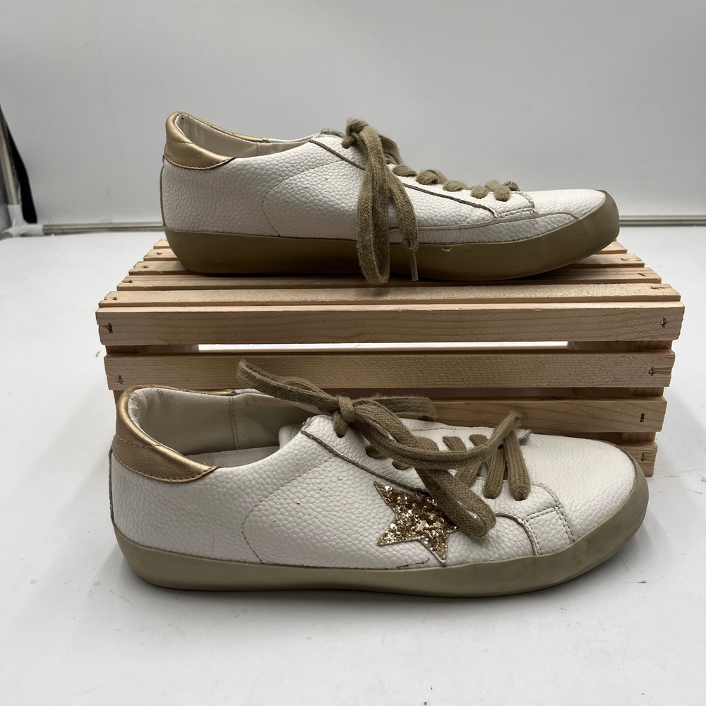 Shu Shop Sneakers Paula 7.5 Textured Gold Glitter Star White Womens